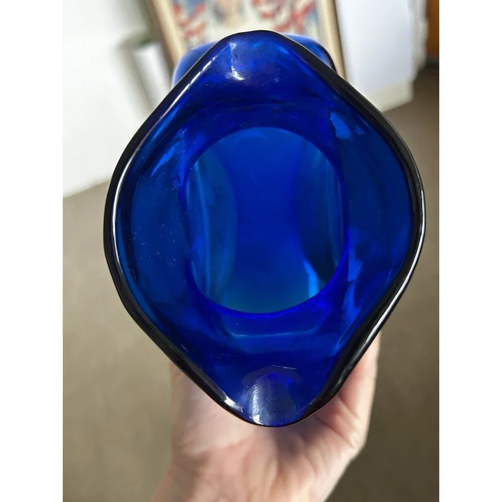 BLENKO Cobalt Blue Art Glass Double Spout Pitcher Vase Carafe 8